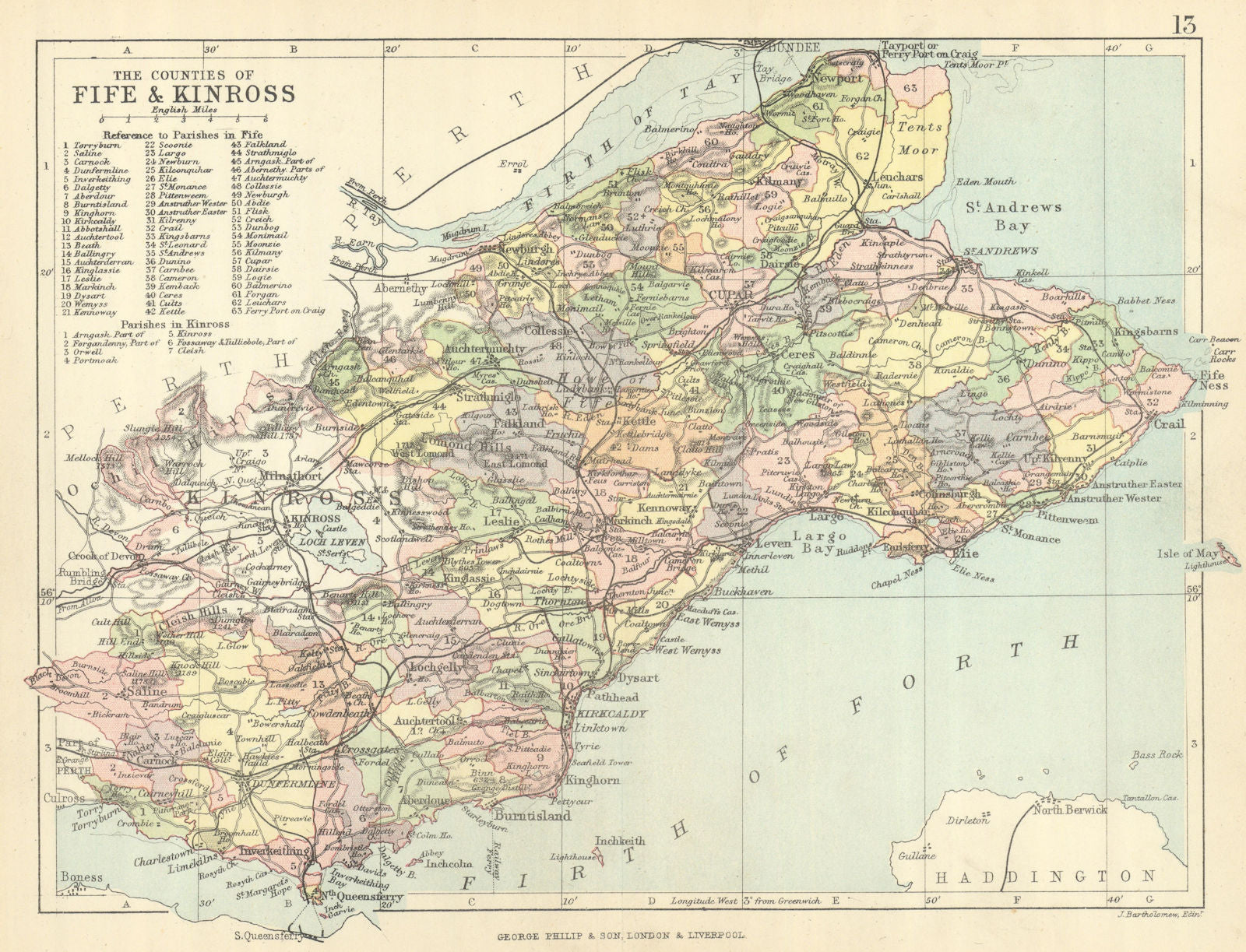 'The Counties of Fife & Kinross'. Kinross-shire. Parishes. BARTHOLOMEW 1886 map